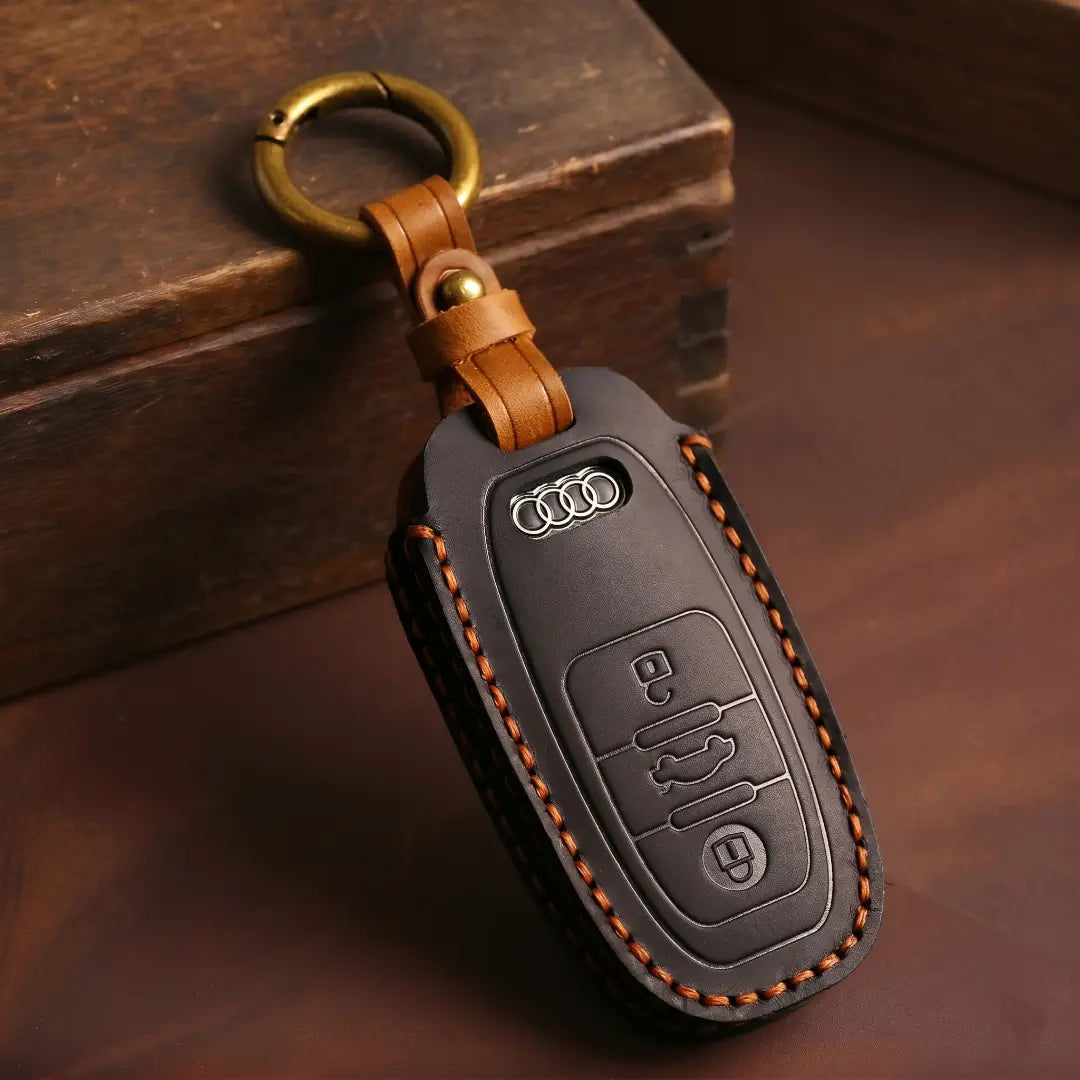Audi Hand Crafted Leather Key Fob Cover Oval 3-button Smart Fob Black