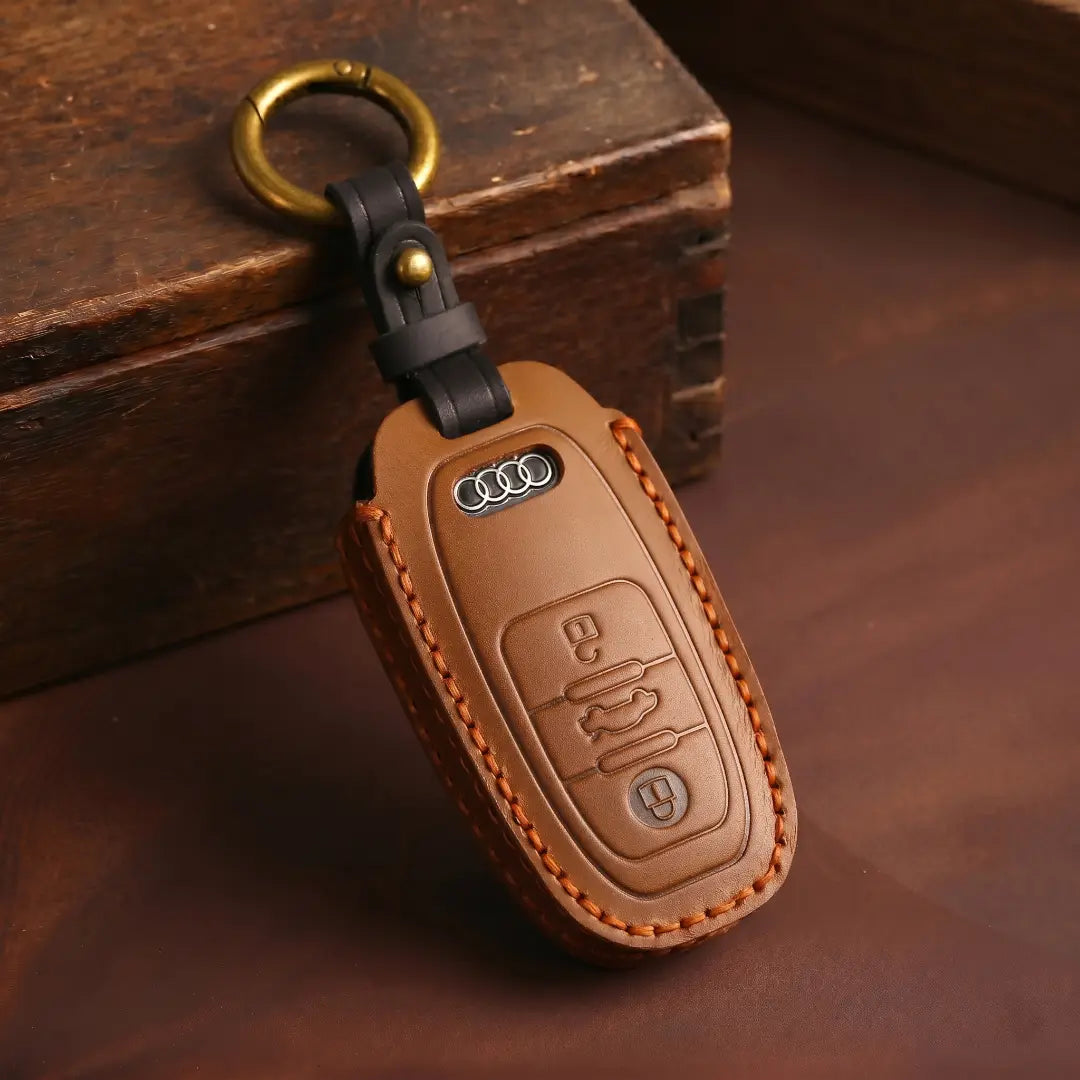Audi Hand Crafted Leather Key Fob Cover Oval 3-button Smart Fob Brown