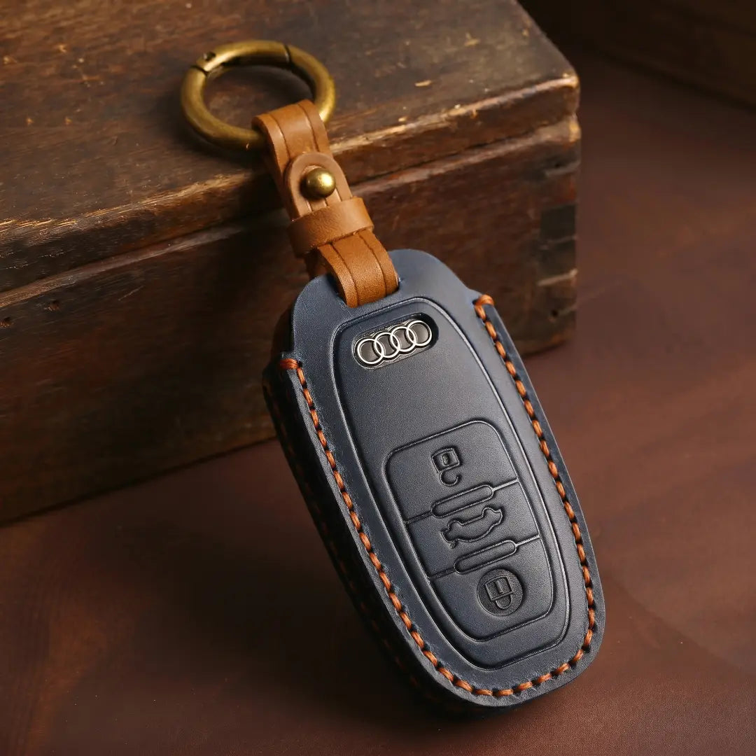 Audi Hand Crafted Leather Key Fob Cover Oval 3-button Smart Fob Navy