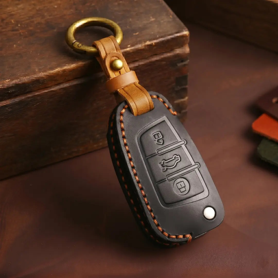 Audi Hand Stitched Alcantara Key Fob Cover Folding 3-button Key Black