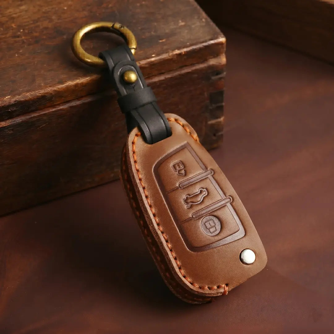 Audi Hand Stitched Alcantara Key Fob Cover Folding 3-button Brown