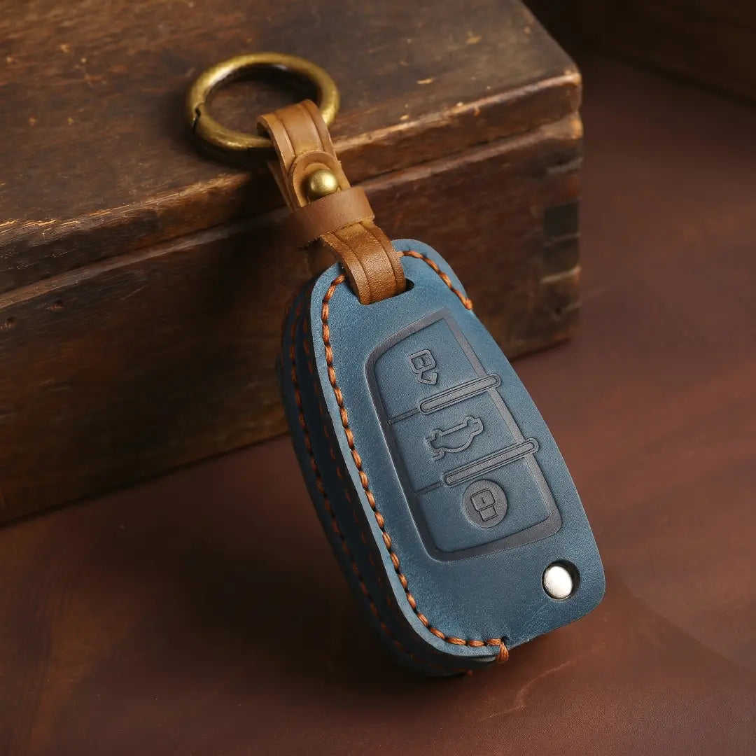 Audi Hand Stitched Alcantara Key Fob Cover Folding 3-button Navy