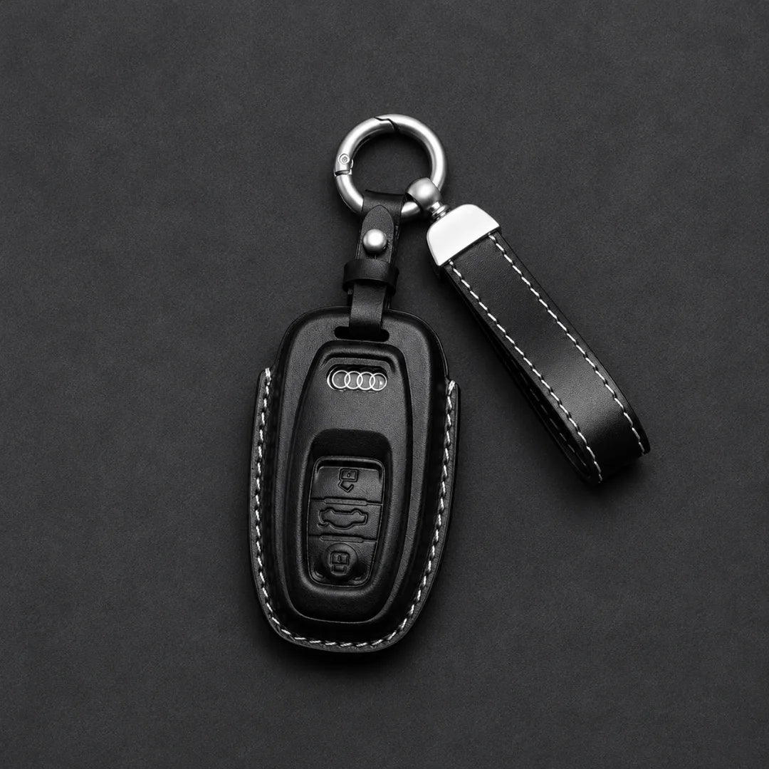 Audi Leather Key Fob Cover Oval 3 Button Smart Fob Black - Vietiki