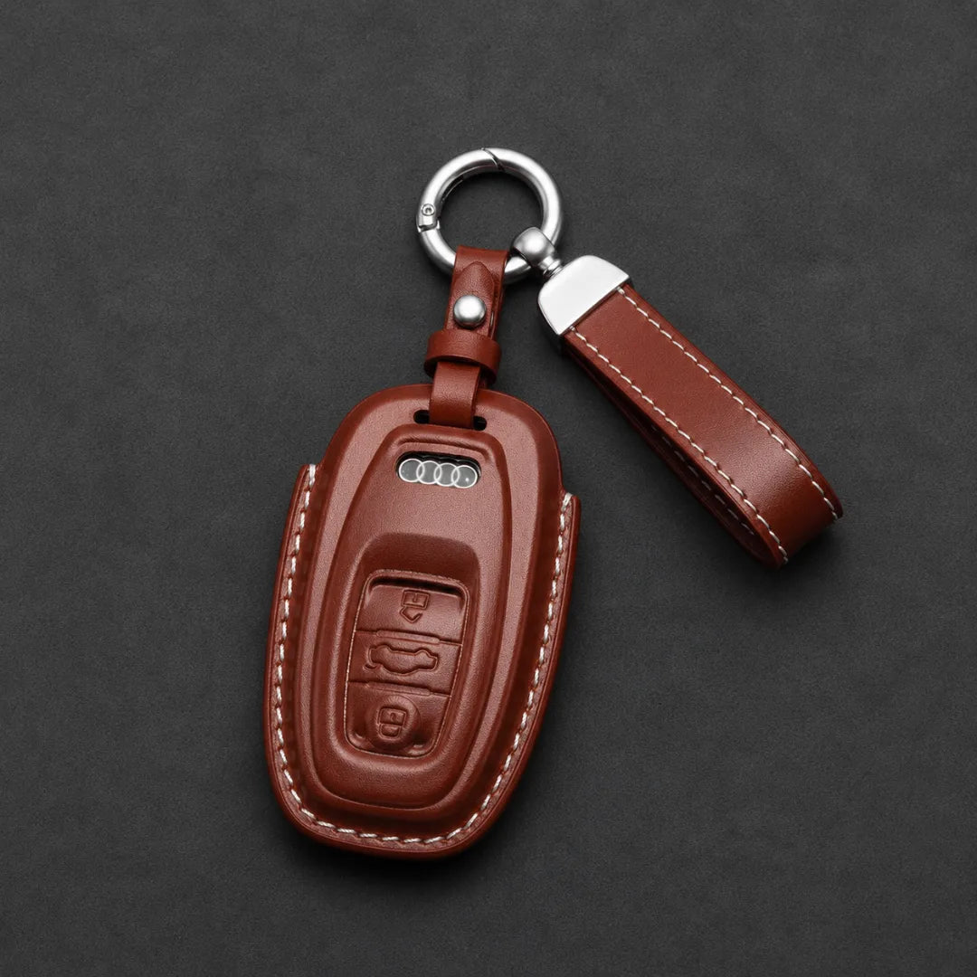 Audi Leather Key Fob Cover Oval 3 Button Smart Fob Brown - Vietiki