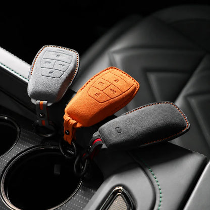 BAIC Hand-Stitched Alcantara Key Fob Cover - Smart Key 4-Button - Front and Back Side Comparisson