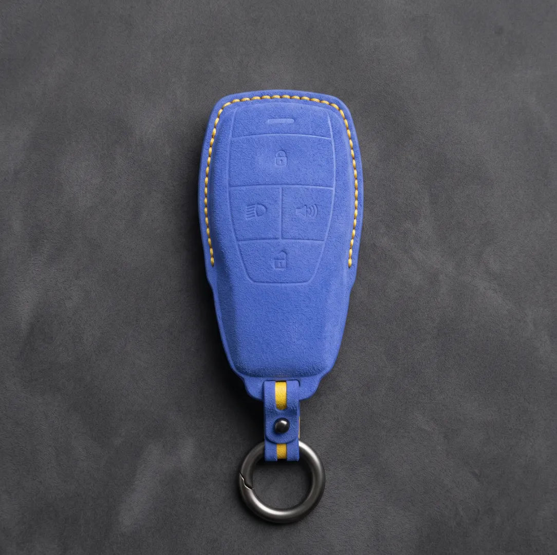 BAIC Hand-Stitched Alcantara Key Fob Cover - Smart Key 4-Button - Cornflower Blue