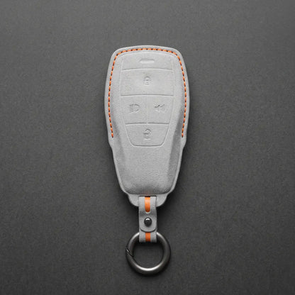 BAIC Hand-Stitched Alcantara Key Fob Cover - Smart Key 4-Button - White