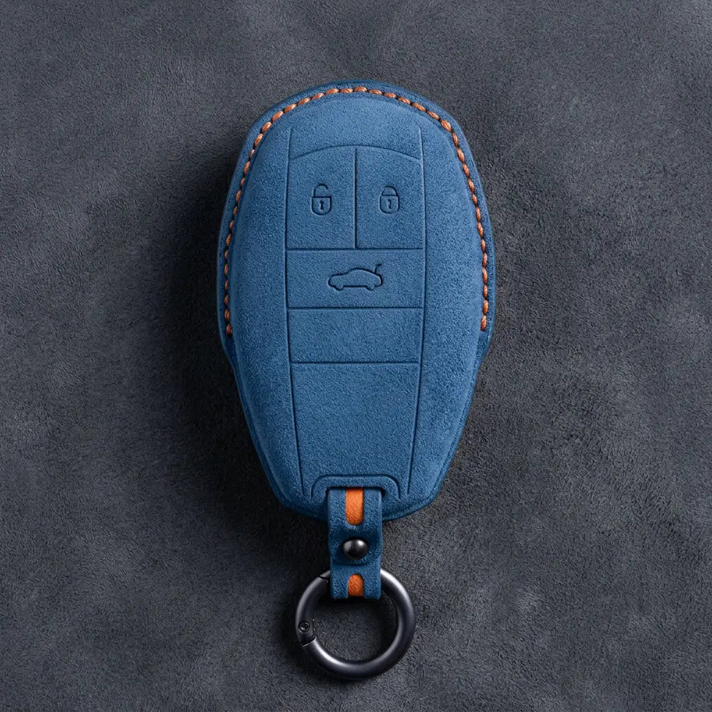 Bentley Hand-Stitched Alcantara Key Fob Cover – Winged Shield 3-Button Cobalt Blue
