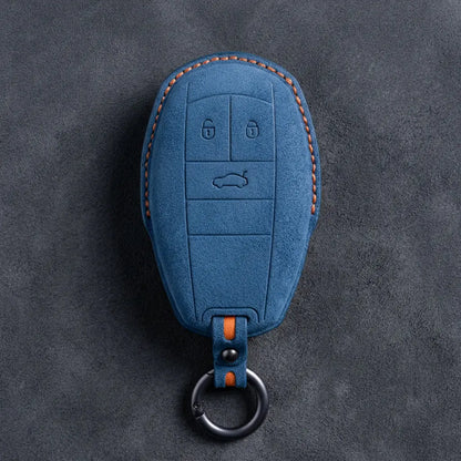 Bentley Hand-Stitched Alcantara Key Fob Cover – Winged Shield 3-Button Cobalt Blue