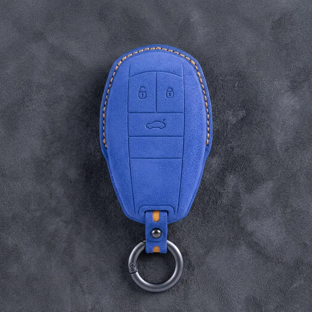 Bentley Hand-Stitched Alcantara Key Fob Cover – Winged Shield 3-Button Cornflower Blue