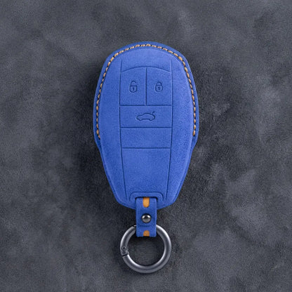 Bentley Hand-Stitched Alcantara Key Fob Cover – Winged Shield 3-Button Cornflower Blue