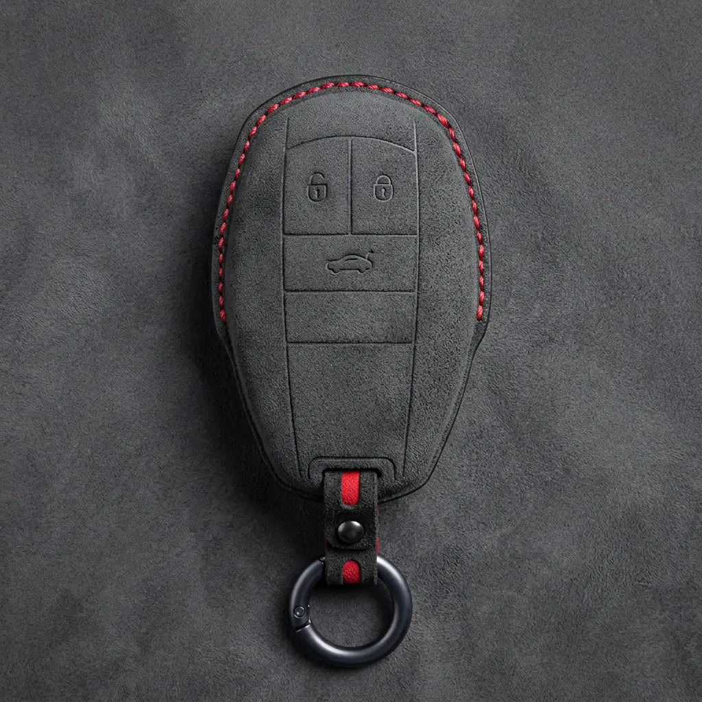 Bentley Hand-Stitched Alcantara Key Fob Cover – Winged Shield 3-Button Dark Charcoal