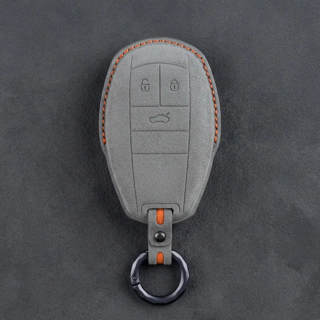 Bentley Hand-Stitched Alcantara Key Fob Cover – Winged Shield 3-Button Dark Gray