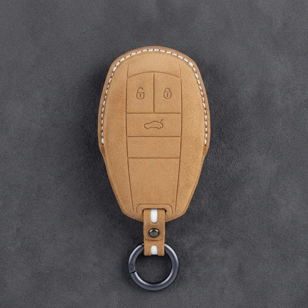 Bentley Hand-Stitched Alcantara Key Fob Cover – Winged Shield 3-Button Soft Brown