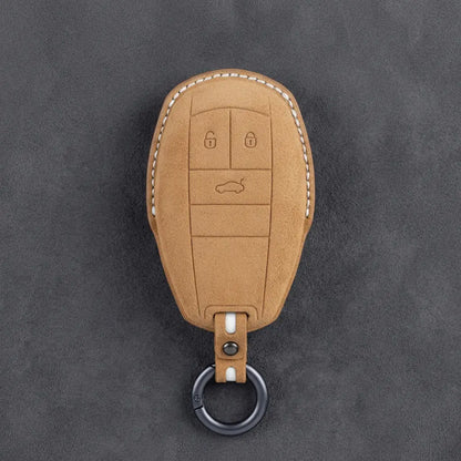 Bentley Hand-Stitched Alcantara Key Fob Cover – Winged Shield 3-Button Soft Brown