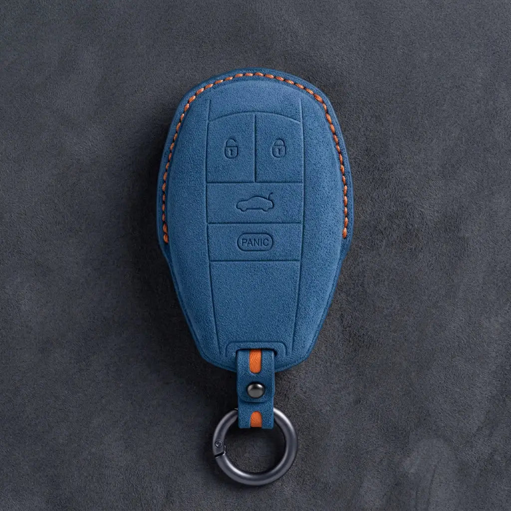 Bentley Hand-Stitched Alcantara Key Fob Cover – Winged Shield 4-Button Cobalt Blue