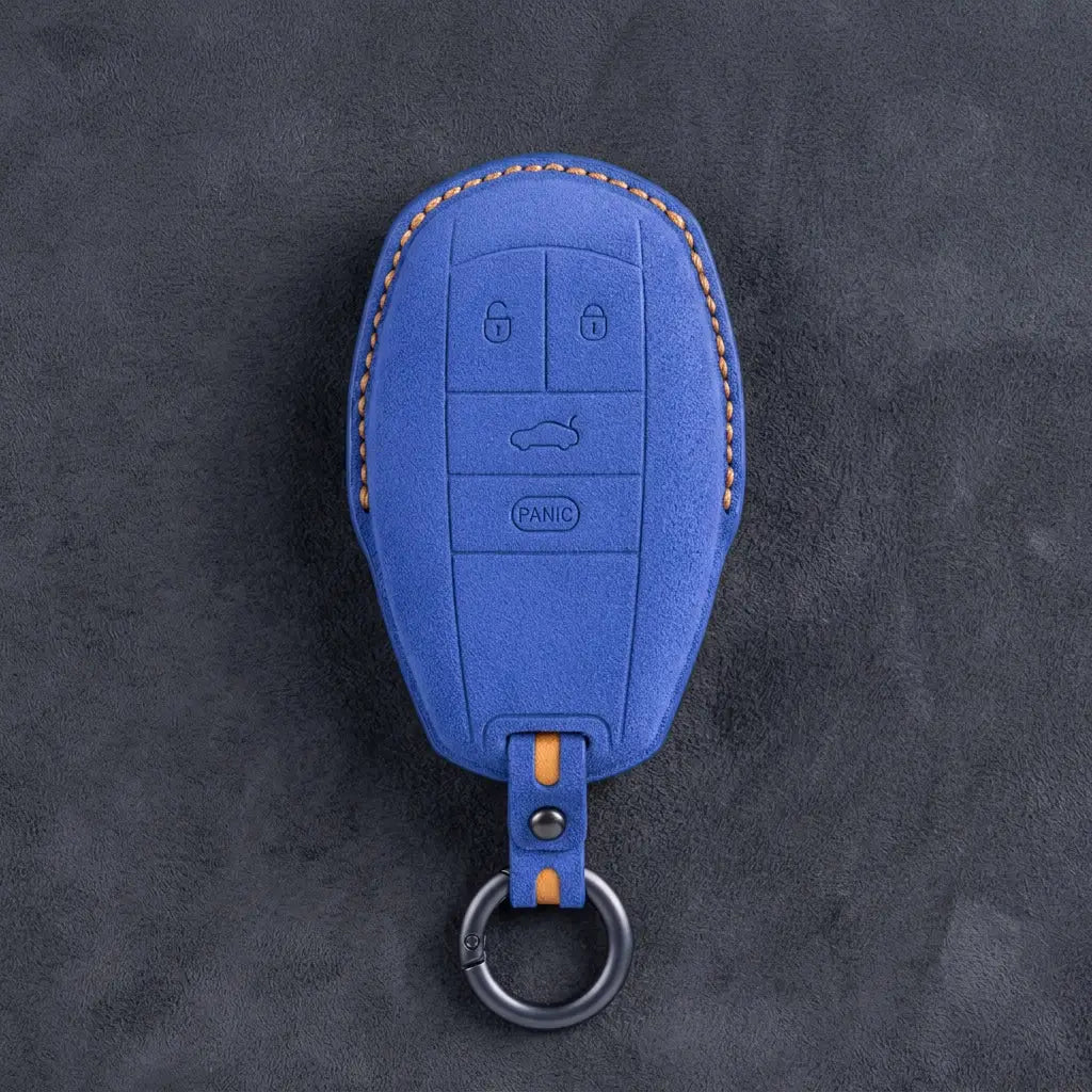 Bentley Hand-Stitched Alcantara Key Fob Cover – Winged Shield 4-Button Cornflower Blue