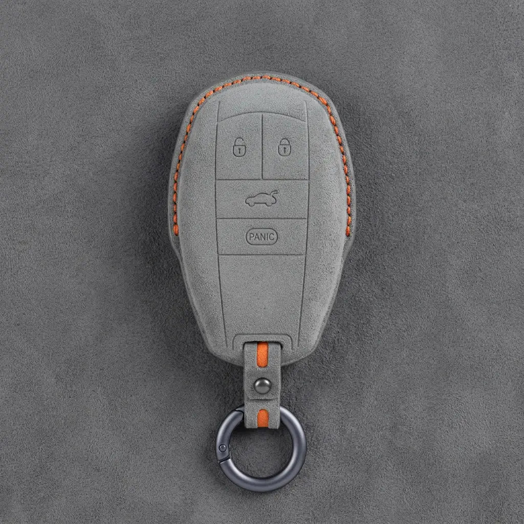 Bentley Hand-Stitched Alcantara Key Fob Cover – Winged Shield 4-Button Dark Gray