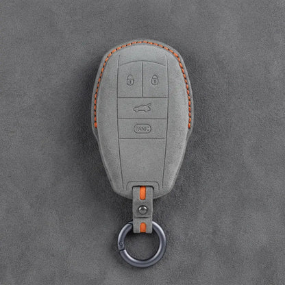 Bentley Hand-Stitched Alcantara Key Fob Cover – Winged Shield 4-Button Dark Gray
