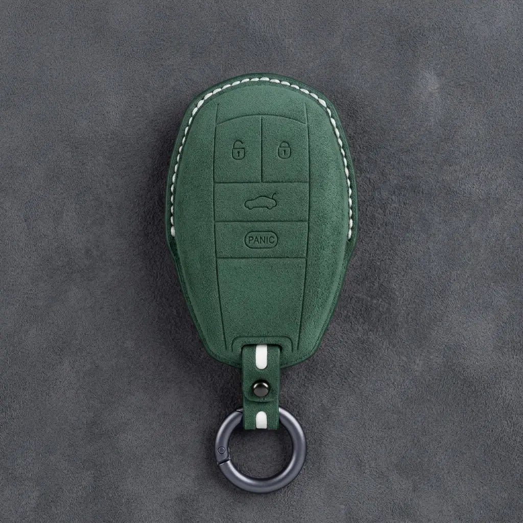 Bentley Hand-Stitched Alcantara Key Fob Cover – Winged Shield 4-Button Dark Green