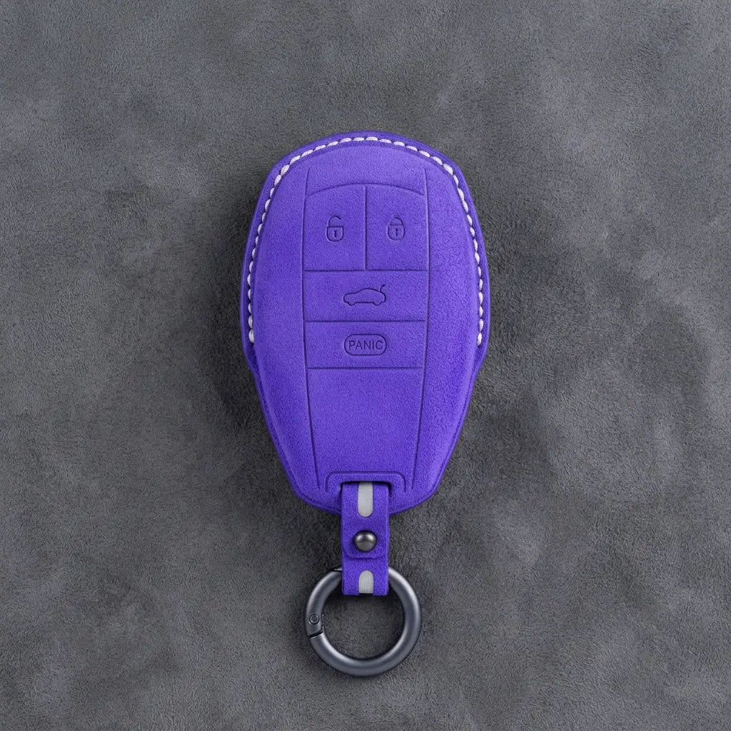 Bentley Hand-Stitched Alcantara Key Fob Cover – Winged Shield 4-Button Dark Purple