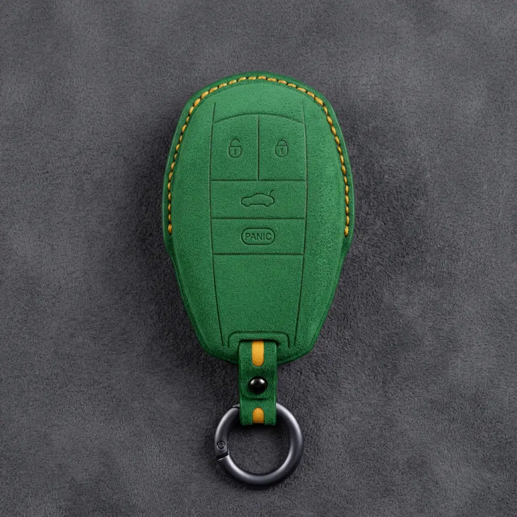 Bentley Hand-Stitched Alcantara Key Fob Cover – Winged Shield 4-Button Grass Green