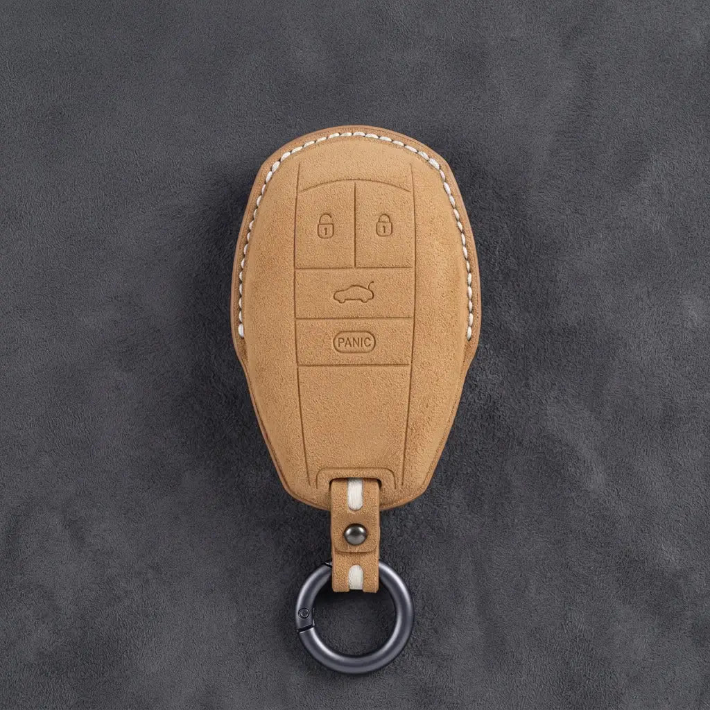 Bentley Hand-Stitched Alcantara Key Fob Cover – Winged Shield 4-Button Soft Brown