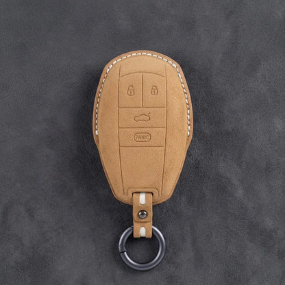 Bentley Hand-Stitched Alcantara Key Fob Cover – Winged Shield 4-Button Soft Brown