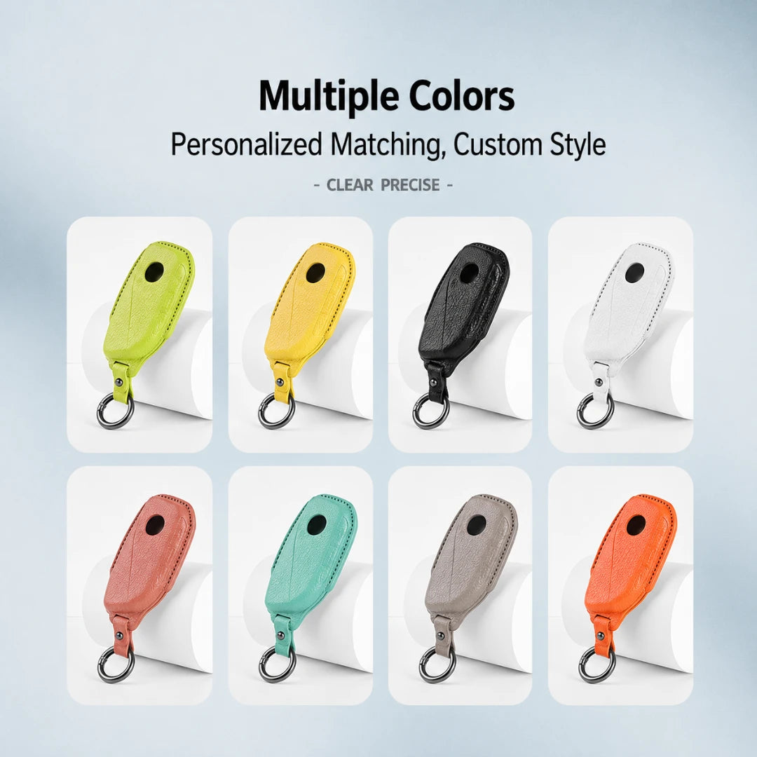 Eight leather keychain wallet color options arranged in a grid on a light blue background, with text at the top reading 'Multiple Colors' and 'Personalized Matching, Custom Style'. The wallets shown are in lime green, yellow, black, white, dusty pink, mint green, taupe, and orange.