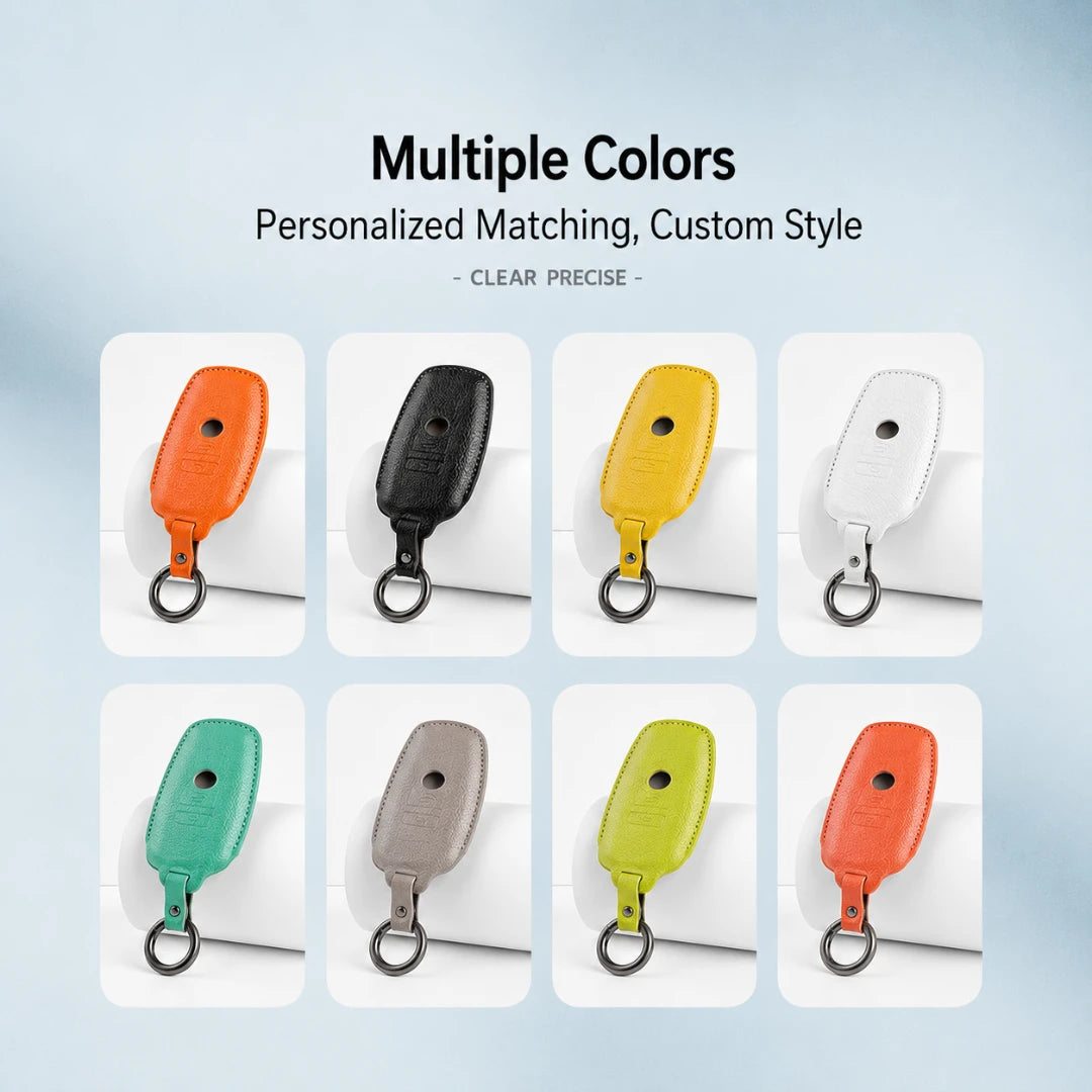 A promotional graphic showing eight small color options for a matching keychain or bag tag set, with the text 'Multiple Colors' and 'Personalized Matching, Custom Style' above. The options include orange, black, yellow, white, mint green, taupe, lime green, and coral, each shown on a white card against a pale blue background.