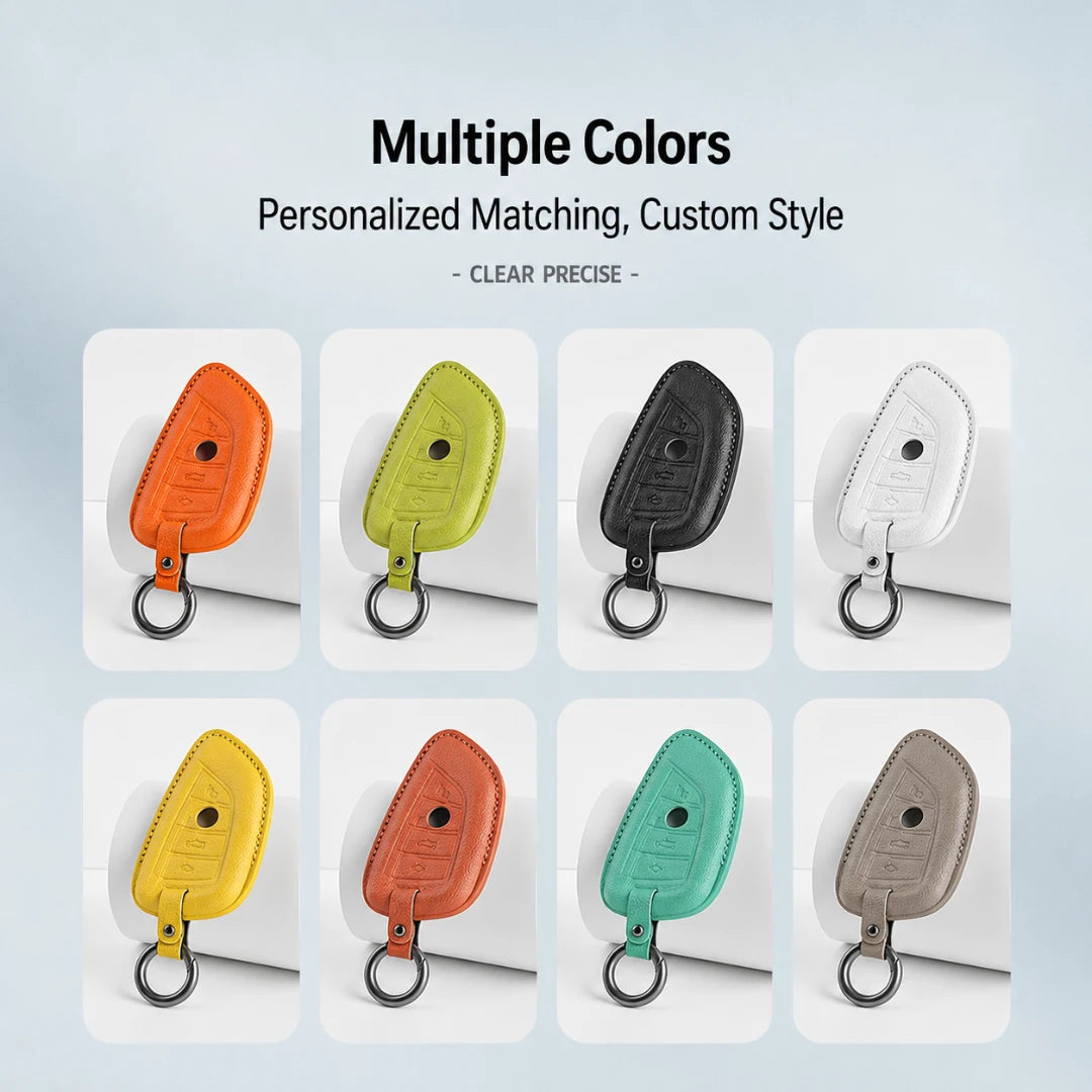 A promotional graphic showing eight personalized key fob covers in different colors, arranged in a grid with the text 'Multiple Colors' and 'Personalized Matching, Custom Style' above. The covers include orange, lime green, black, white, yellow, reddish orange, mint green, and taupe, each with a metal key ring.