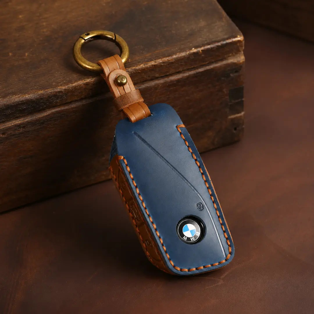 BMW Hand-Crafted Leather Key Fob Cover – Side-Button Wedge Navy