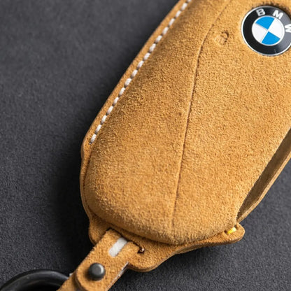 BMW Hand - Stitched Alcantara Key Fob Cover - Side - Button Wedge - Soft brown