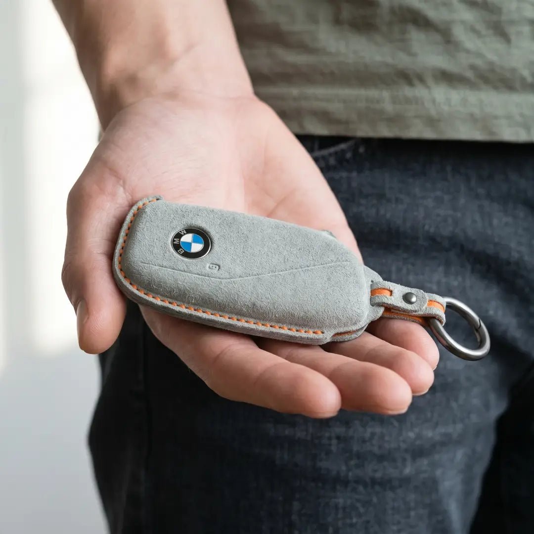 BMW Hand - Stitched Alcantara Key Fob Cover - Side - Button Wedge - White