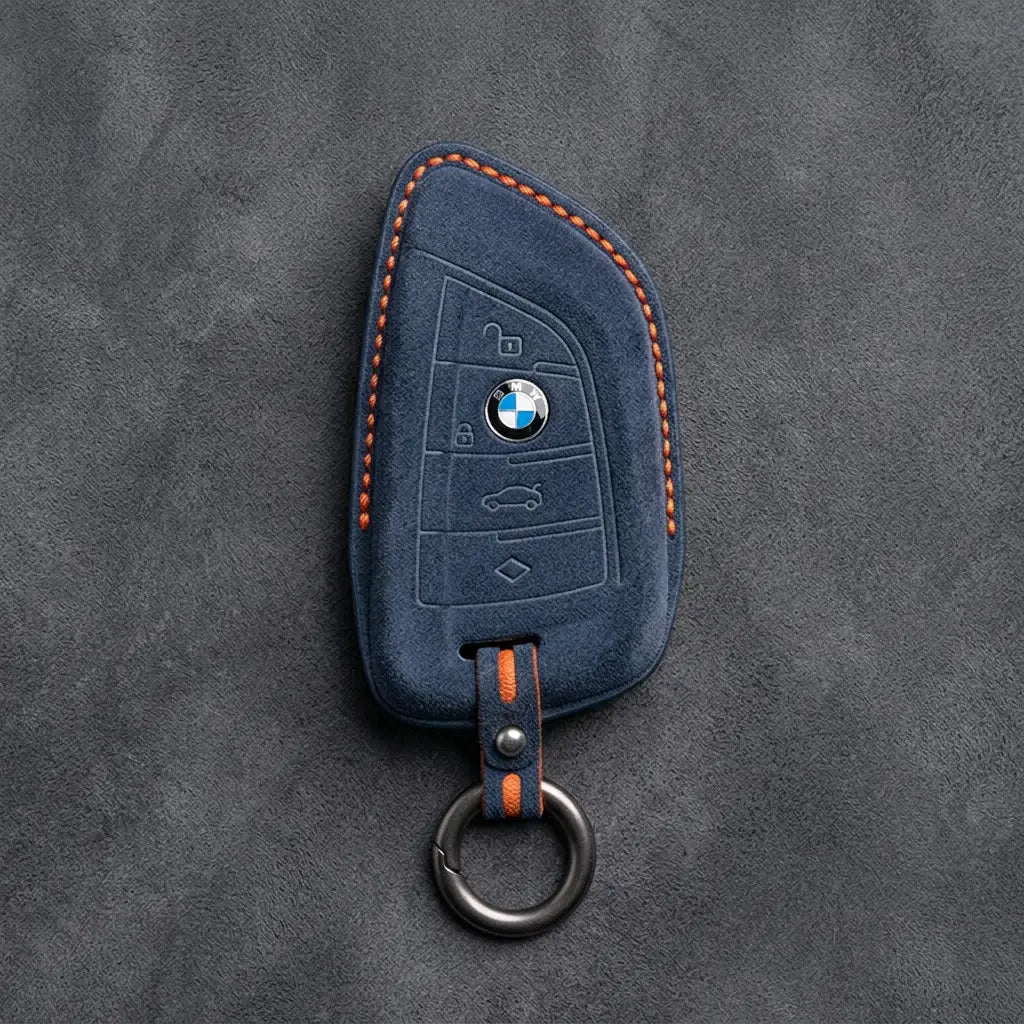 BMW Hand Stitched Alcantara Key Fob Cover Wide Slot Blade Cobalt Blue