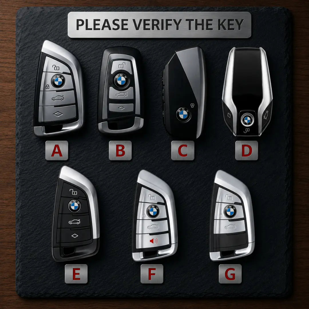 Set of BMW car keys on a dark textured surface with labels A to G.