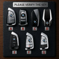 Set of BMW car keys on a dark textured surface with labels A to G.