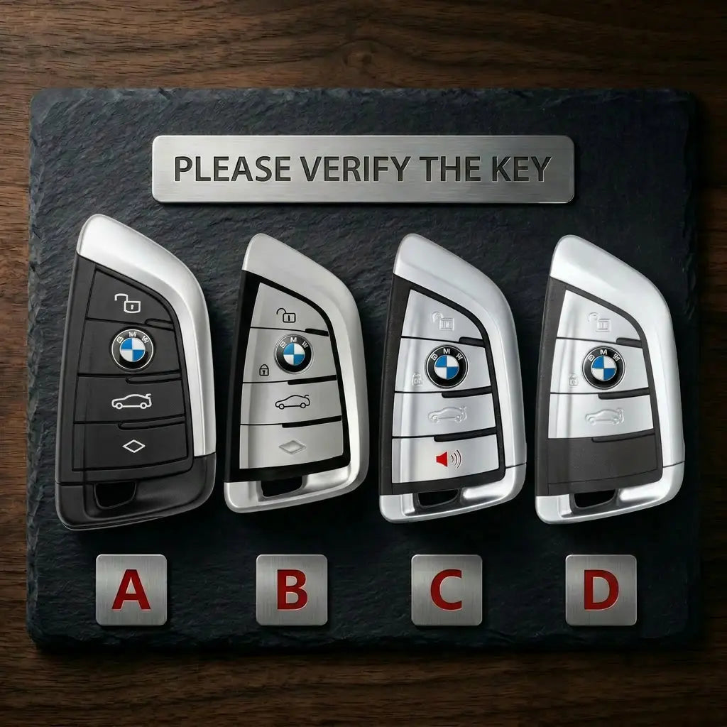 Four BMW key fobs on a slate surface with text 'Please Verify The Key'.