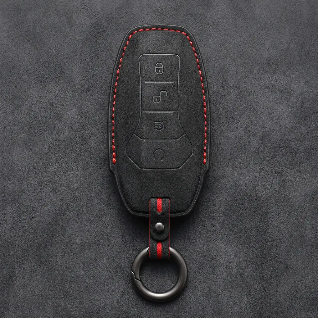 BYD Hand-Stitched Alcantara Key Fob Cover – Curved 4-Button in dark charcoal