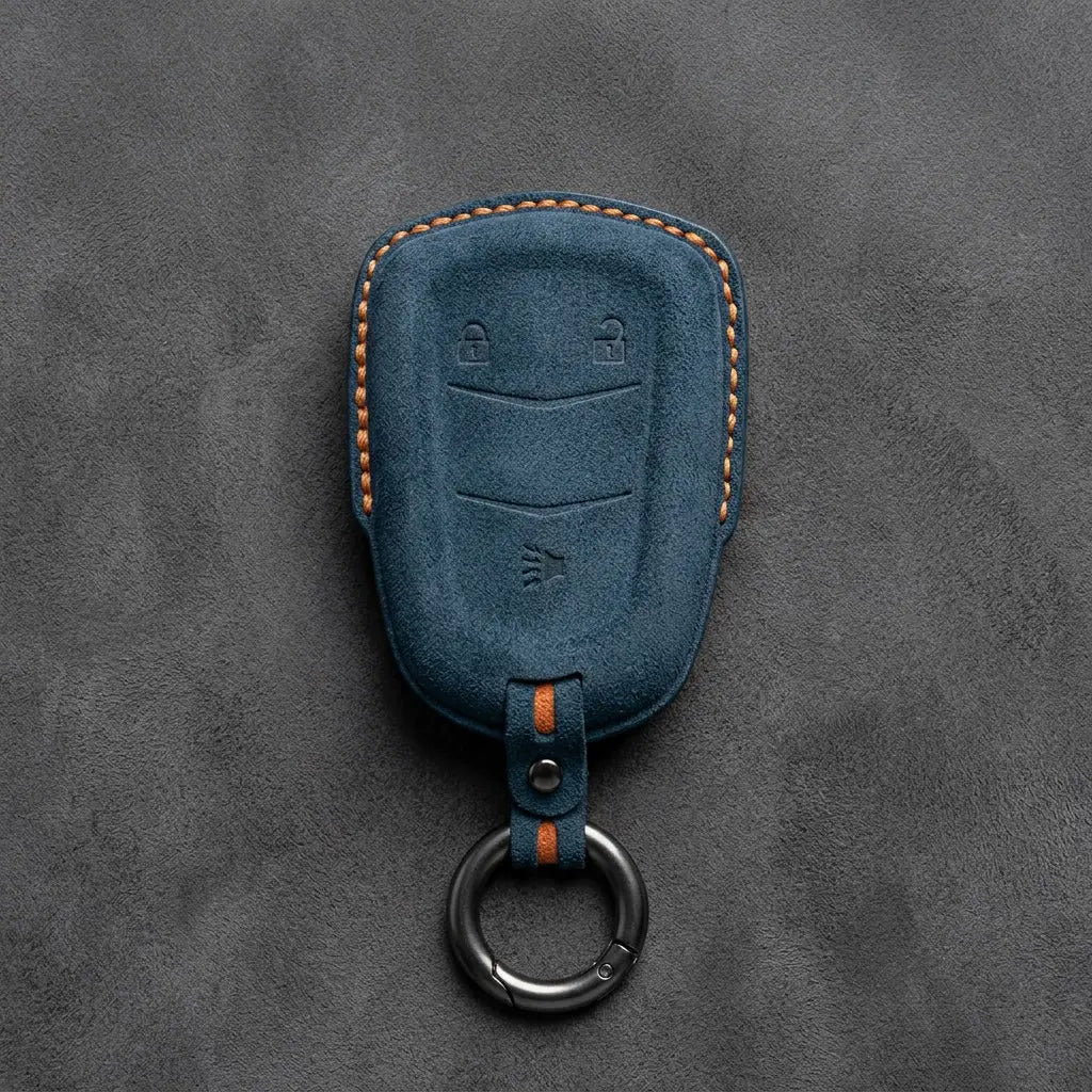 Cadillac Hand-Stitched Alcantara Key Fob Cover – Crest Shield 3-Button Cobalt Blue