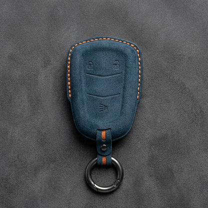 Cadillac Hand-Stitched Alcantara Key Fob Cover – Crest Shield 3-Button Cobalt Blue