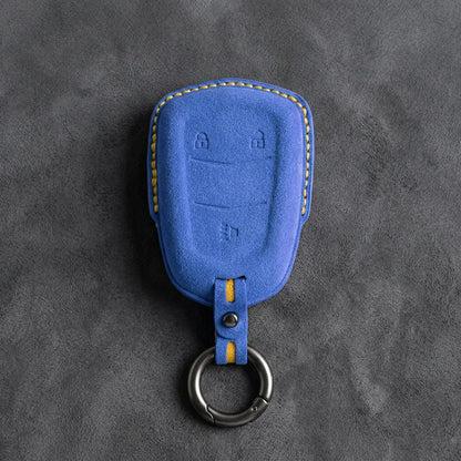 Cadillac Hand-Stitched Alcantara Key Fob Cover – Crest Shield 3-Button Cornflower Blue