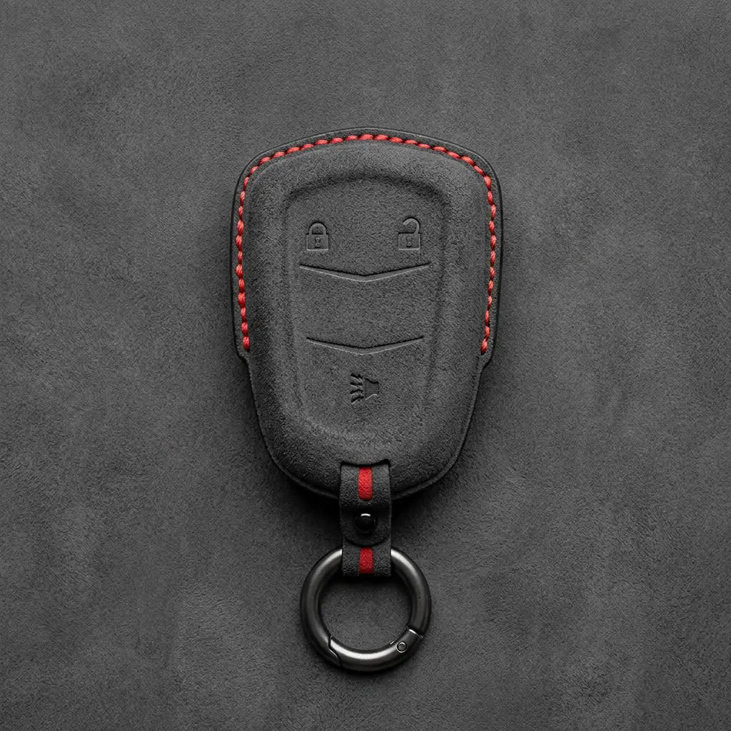 Cadillac Hand-Stitched Alcantara Key Fob Cover – Crest Shield 3-Button Dark Charcoal
