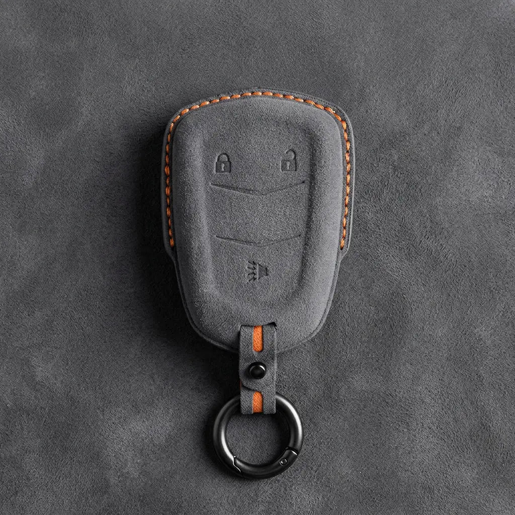 Cadillac Hand-Stitched Alcantara Key Fob Cover – Crest Shield 3-Button Dark Gray
