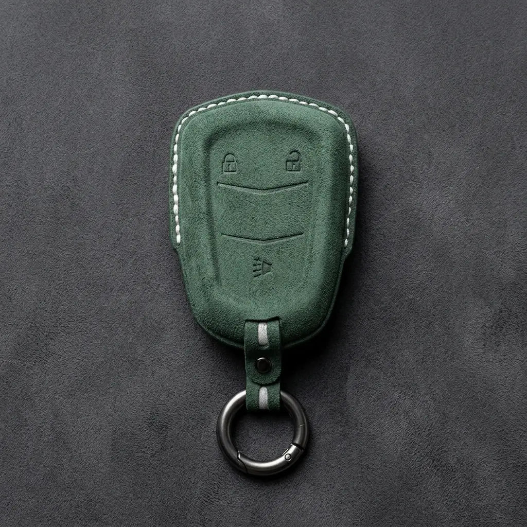 Cadillac Hand-Stitched Alcantara Key Fob Cover – Crest Shield 3-Button Dark Green