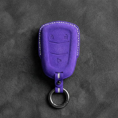 Cadillac Hand-Stitched Alcantara Key Fob Cover – Crest Shield 3-Button Dark Purple