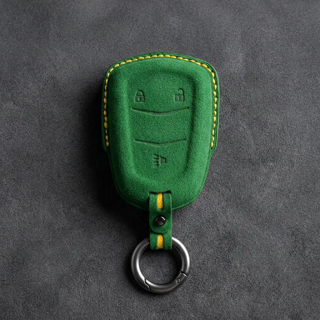 Cadillac Hand-Stitched Alcantara Key Fob Cover – Crest Shield 3-Button Grass Green