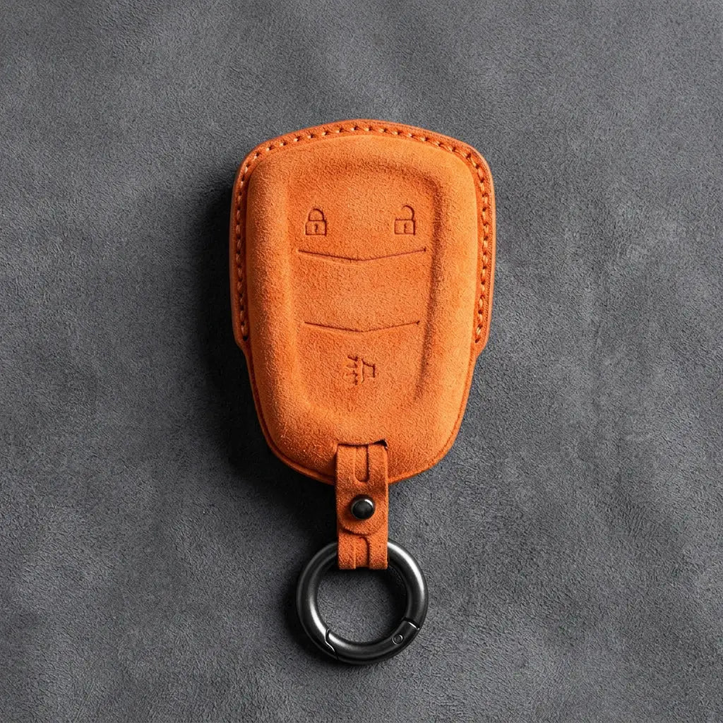 Cadillac Hand-Stitched Alcantara Key Fob Cover – Crest Shield 3-Button Orange