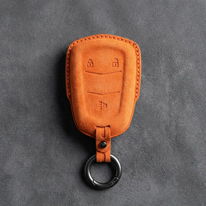 Cadillac Hand-Stitched Alcantara Key Fob Cover – Crest Shield 3-Button Orange