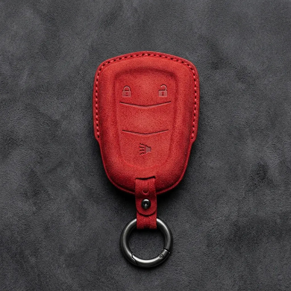 Cadillac Hand-Stitched Alcantara Key Fob Cover – Crest Shield 3-Button Red